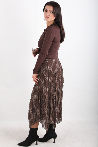 Asymplaid Kadın Ekose Desenli Asimetrik Etek Kahverengi