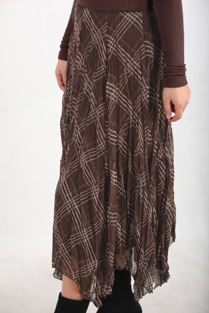 Asymplaid Kadın Ekose Desenli Asimetrik Etek Kahverengi