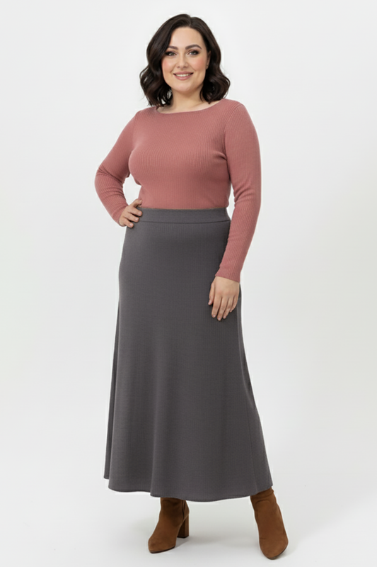 Büyük Beden Uzun Çan Etek Kahverengi