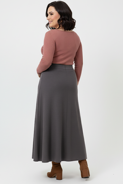 Büyük Beden Uzun Çan Etek Kahverengi