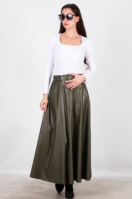 Kadın Uzun Kemerli Deri Etek Haki