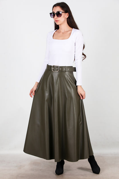 Kadın Uzun Kemerli Deri Etek Haki