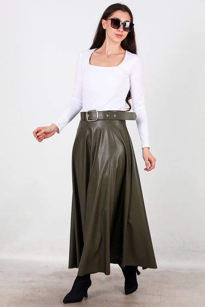 Kadın Uzun Kemerli Deri Etek Haki