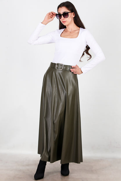 Kadın Uzun Kemerli Deri Etek Haki
