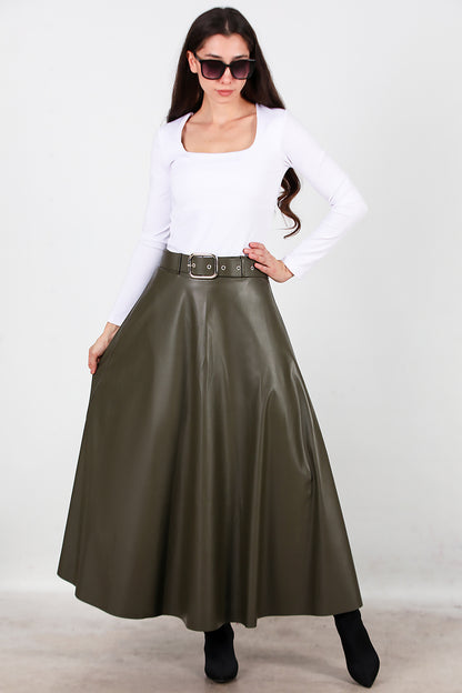 Kadın Uzun Kemerli Deri Etek Haki