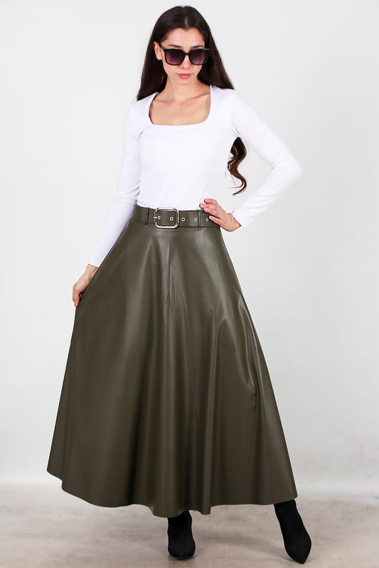 Kadın Uzun Kemerli Deri Etek Haki