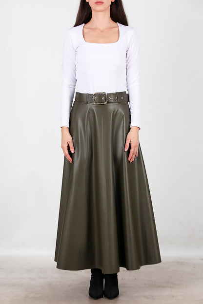 Kadın Uzun Kemerli Deri Etek Haki