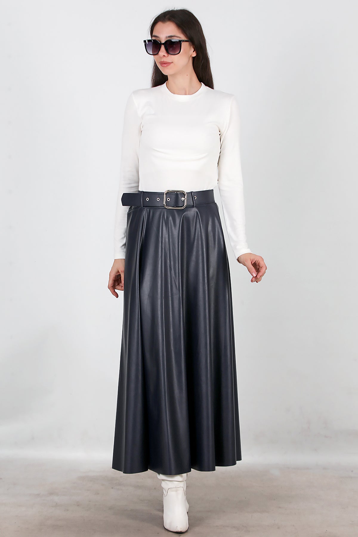 Kadın Uzun Kemerli Deri Etek Lacivert