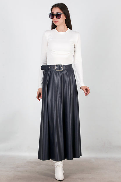 Kadın Uzun Kemerli Deri Etek Lacivert