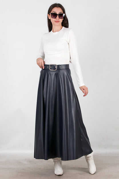 Kadın Uzun Kemerli Deri Etek Lacivert