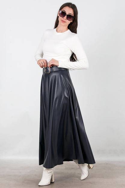 Kadın Uzun Kemerli Deri Etek Lacivert