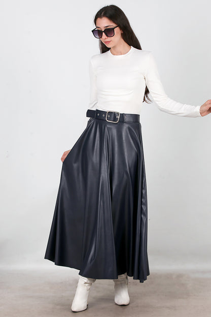 Kadın Uzun Kemerli Deri Etek Lacivert