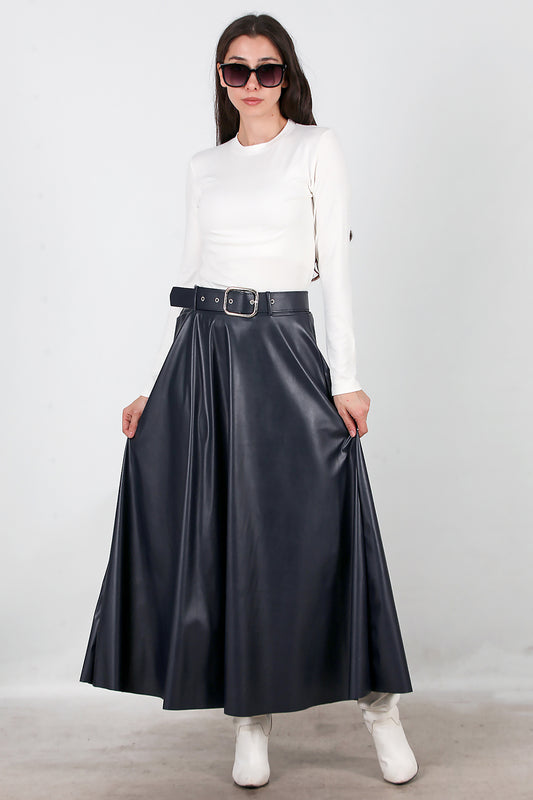Kadın Uzun Kemerli Deri Etek Lacivert