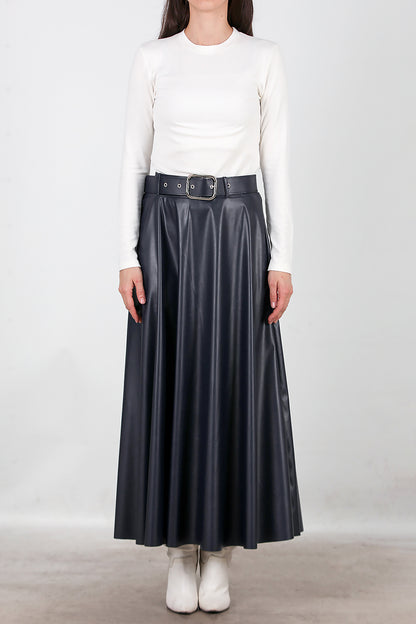 Kadın Uzun Kemerli Deri Etek Lacivert