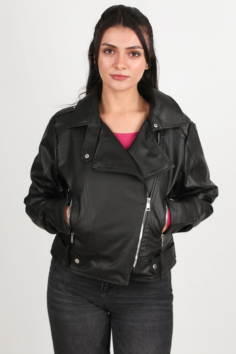 Crossleather Kadın Çapraz Fermuarlı Deri Ceket Siyah