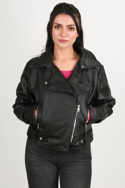 Crossleather Kadın Çapraz Fermuarlı Deri Ceket Siyah