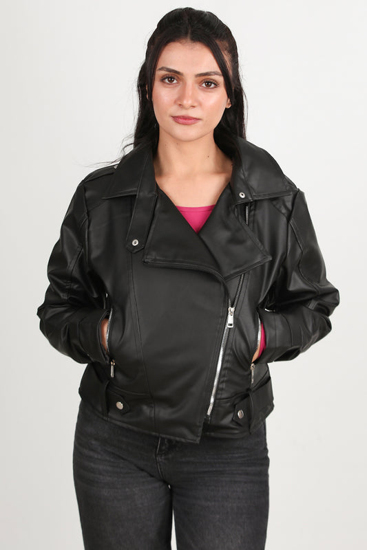 Crossleather Kadın Çapraz Fermuarlı Deri Ceket Siyah