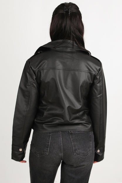 Crossleather Kadın Çapraz Fermuarlı Deri Ceket Siyah
