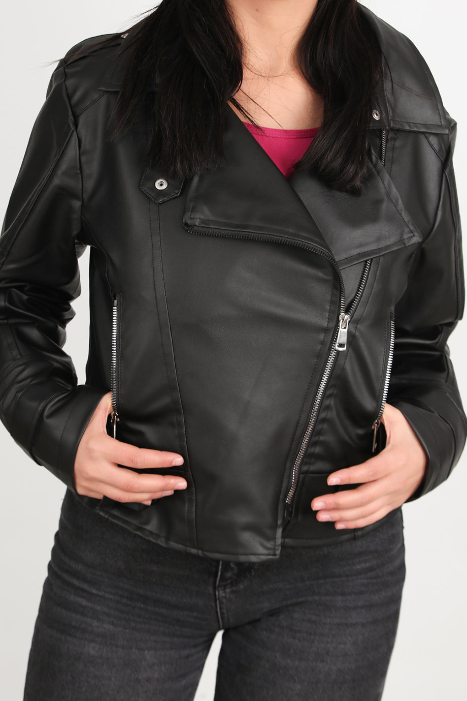 Crossleather Kadın Çapraz Fermuarlı Deri Ceket Siyah