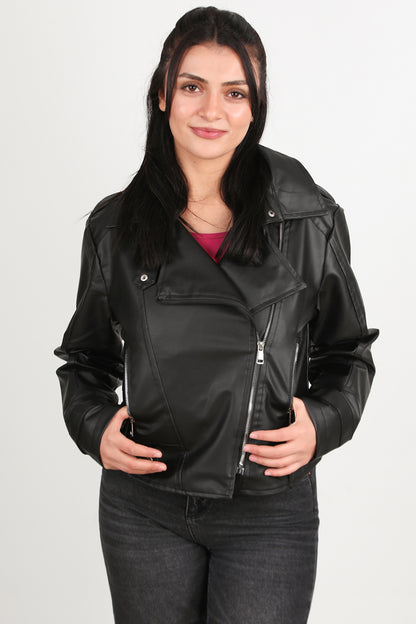 Crossleather Kadın Çapraz Fermuarlı Deri Ceket Siyah
