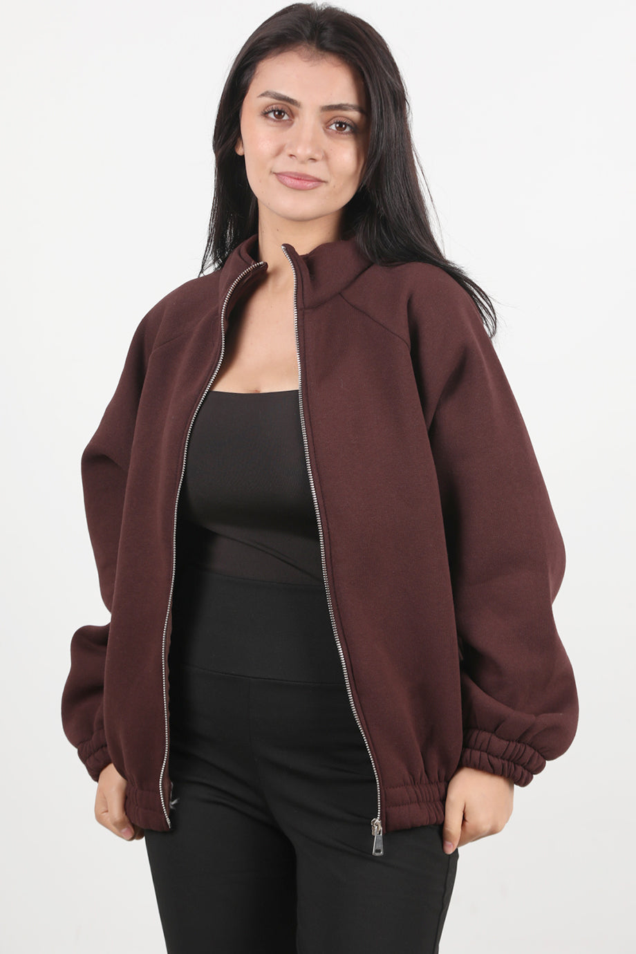 Flexjacket Kadın Ön Fermuarlı Dik Yaka Bel Lastikli Ceket Kahverengi