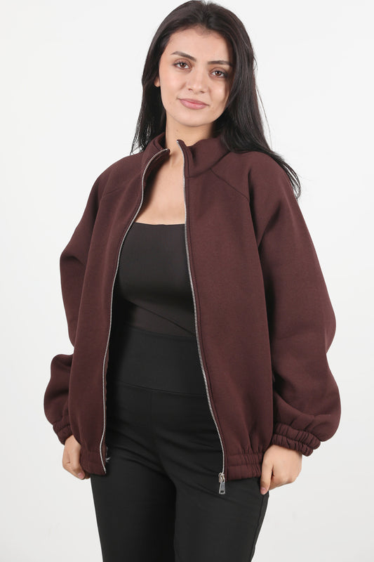 Flexjacket Kadın Ön Fermuarlı Dik Yaka Bel Lastikli Ceket Kahverengi