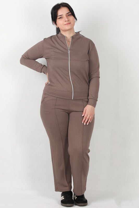 Sculpt Büyük Beden Fermuarlı Ön Dikiş Detay İkili Takım Açık Kahverengi