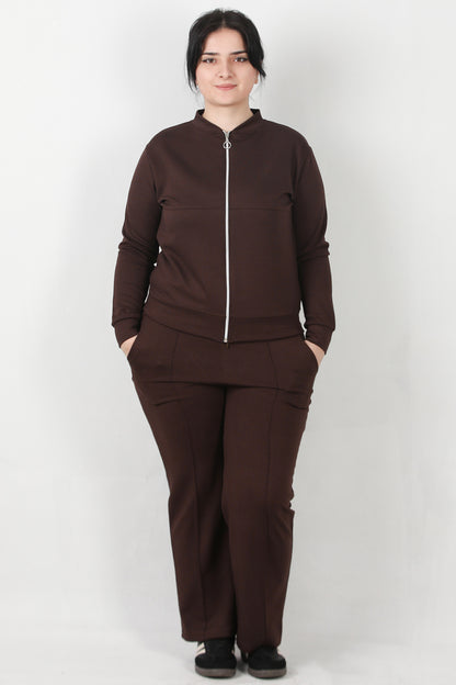 Sculpt Büyük Beden Fermuarlı Ön Dikiş Detay İkili Takım Kahverengi