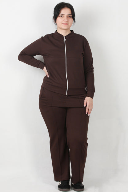 Sculpt Büyük Beden Fermuarlı Ön Dikiş Detay İkili Takım Kahverengi