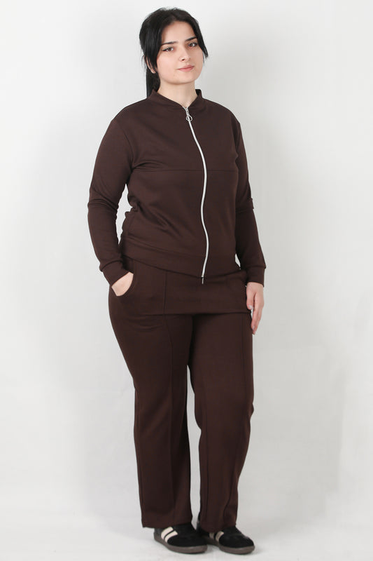 Sculpt Büyük Beden Fermuarlı Ön Dikiş Detay İkili Takım Kahverengi