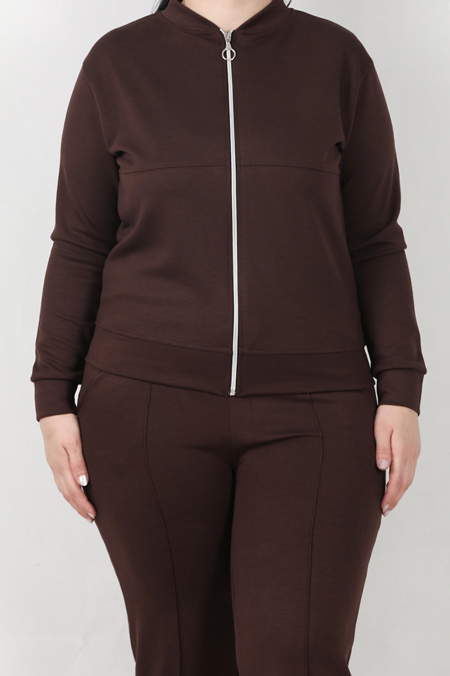Sculpt Büyük Beden Fermuarlı Ön Dikiş Detay İkili Takım Kahverengi