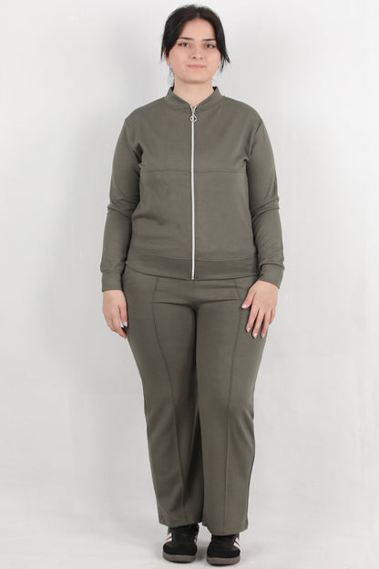 Sculpt Büyük Beden Fermuarlı Ön Dikiş Detay İkili Takım Haki