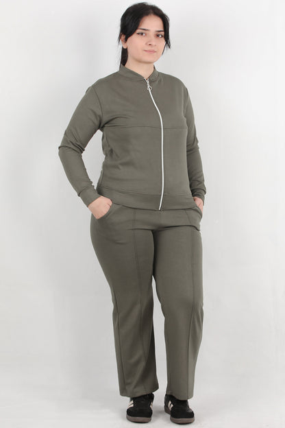 Sculpt Büyük Beden Fermuarlı Ön Dikiş Detay İkili Takım Haki