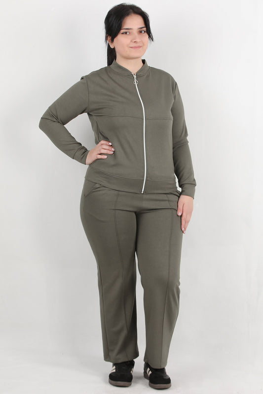 Sculpt Büyük Beden Fermuarlı Ön Dikiş Detay İkili Takım Haki