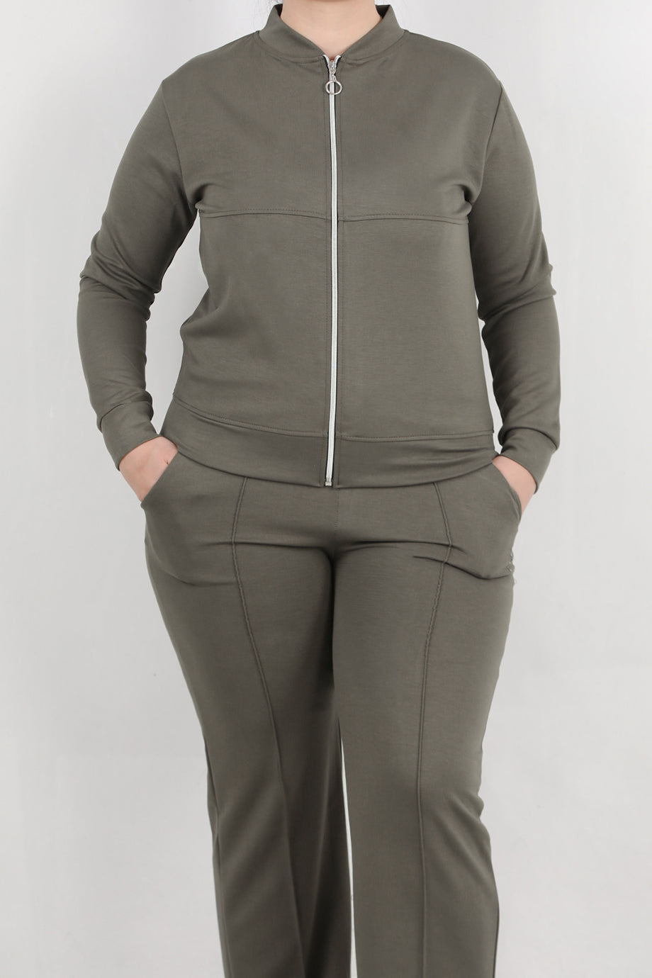 Sculpt Büyük Beden Fermuarlı Ön Dikiş Detay İkili Takım Haki