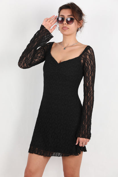 Muse Kadın Dantelli Kısa Elbise Siyah