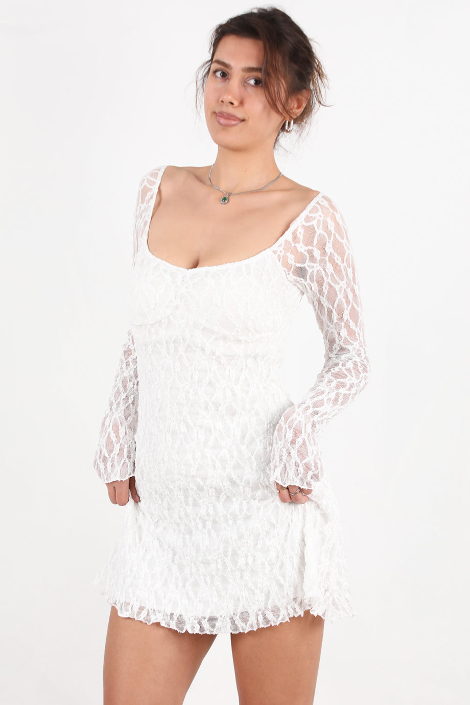 Muse Kadın Dantelli Kısa Elbise Beyaz