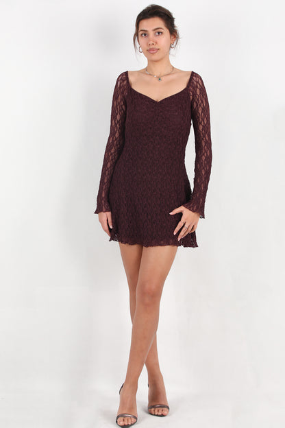 Muse Kadın Dantelli Kısa Elbise Kahverengi