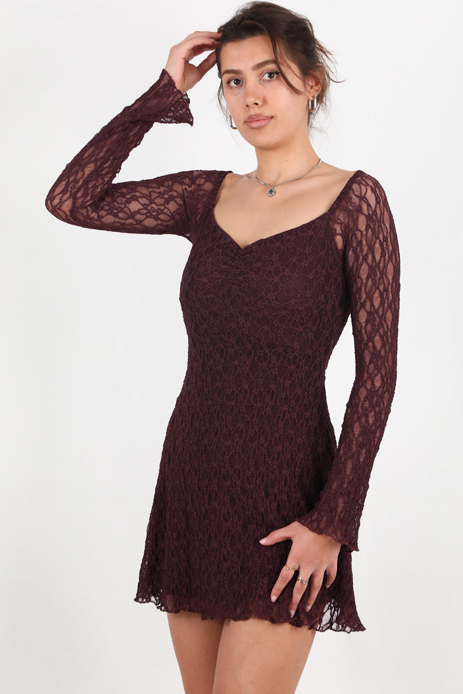 Muse Kadın Dantelli Kısa Elbise Kahverengi