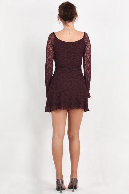 Muse Kadın Dantelli Kısa Elbise Kahverengi