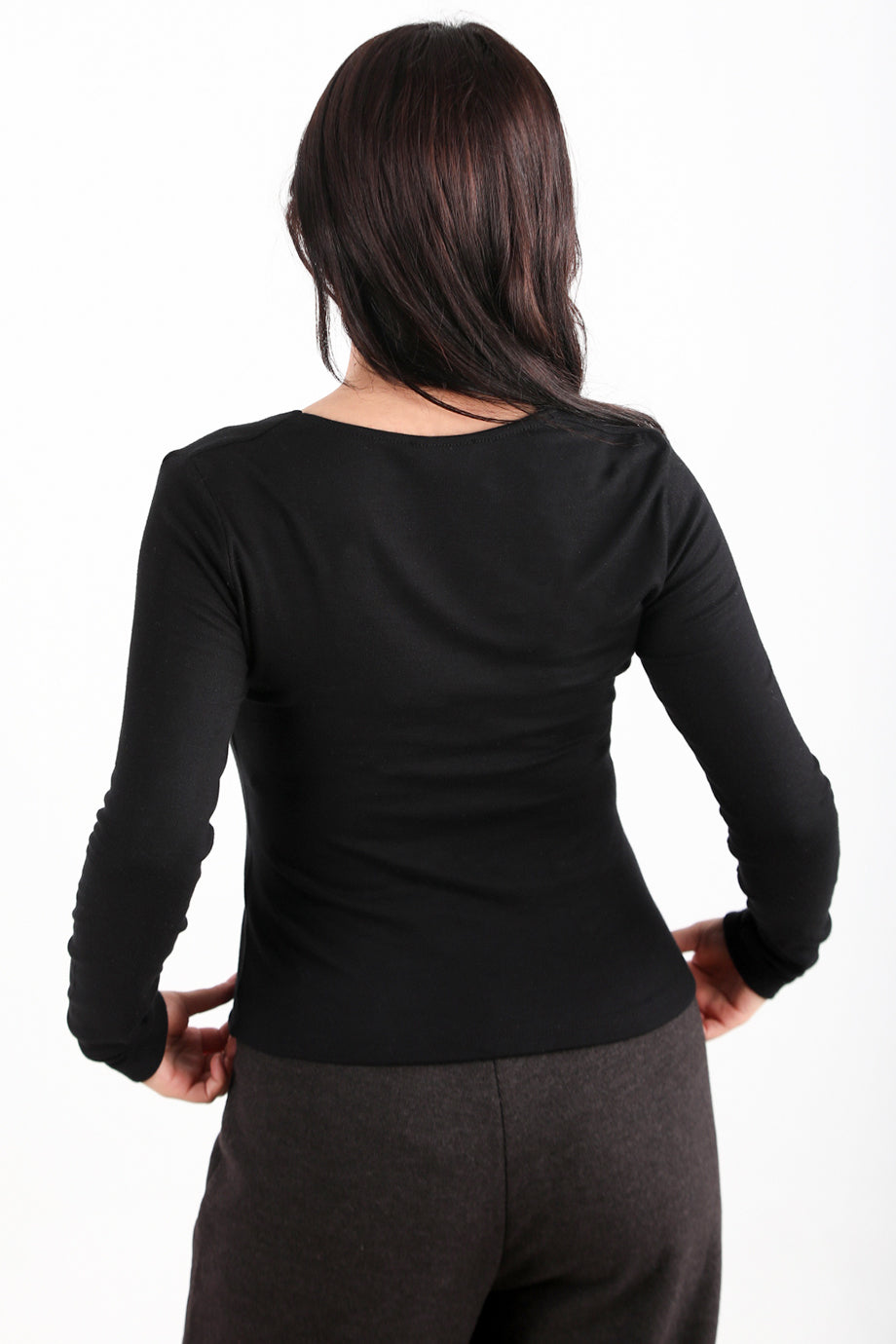 Thumbline Kadın Kare Yaka Parmak Geçmeli Bluz Siyah