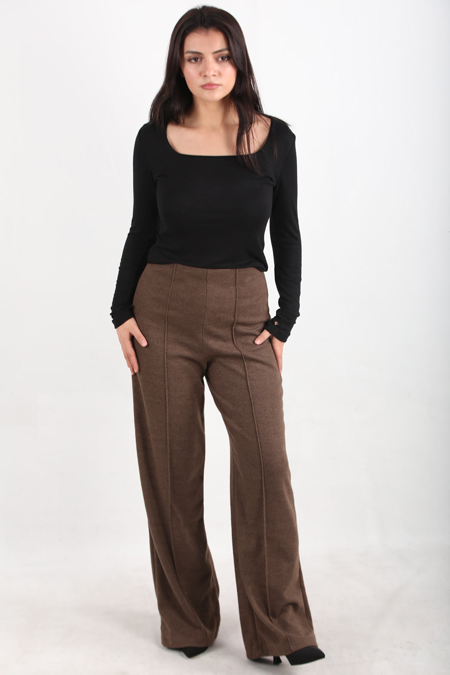 Wideknit Kadın Selanik Çimalı Bol Paça Pantolon Kahverengi