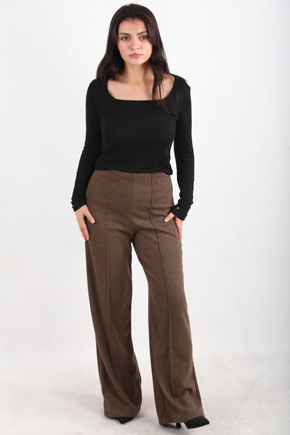Wideknit Kadın Selanik Çimalı Bol Paça Pantolon Kahverengi