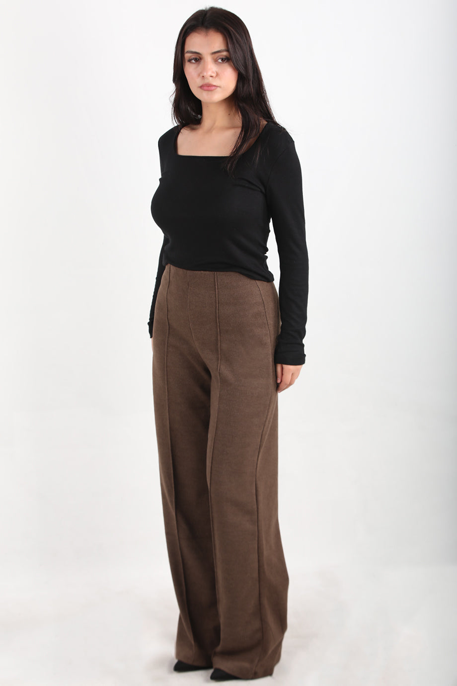 Wideknit Kadın Selanik Çimalı Bol Paça Pantolon Kahverengi