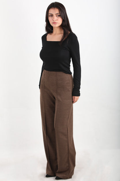 Wideknit Kadın Selanik Çimalı Bol Paça Pantolon Kahverengi