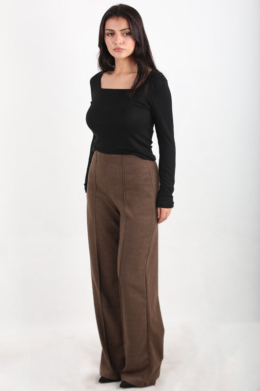 Wideknit Kadın Selanik Çimalı Bol Paça Pantolon Kahverengi