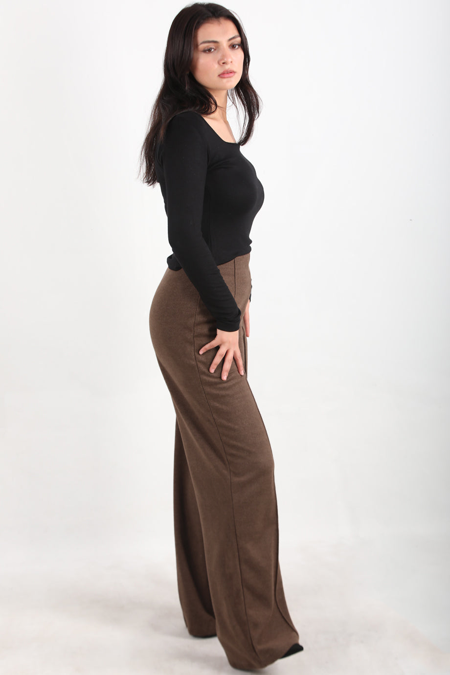 Wideknit Kadın Selanik Çimalı Bol Paça Pantolon Kahverengi