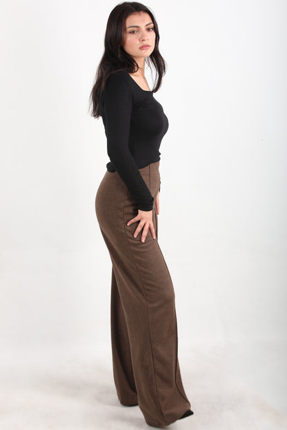 Wideknit Kadın Selanik Çimalı Bol Paça Pantolon Kahverengi