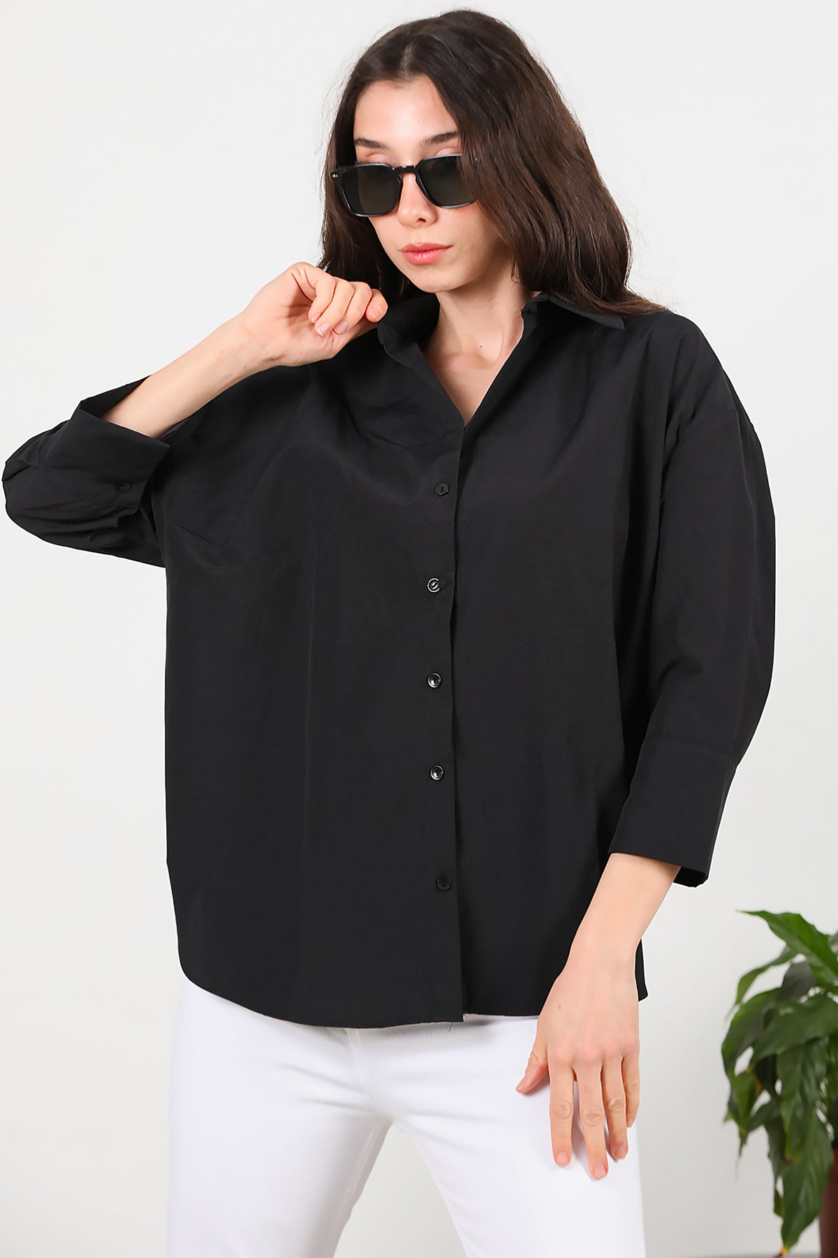 Kadın Yarım Manset Kol Oversize Gömlek Siyah