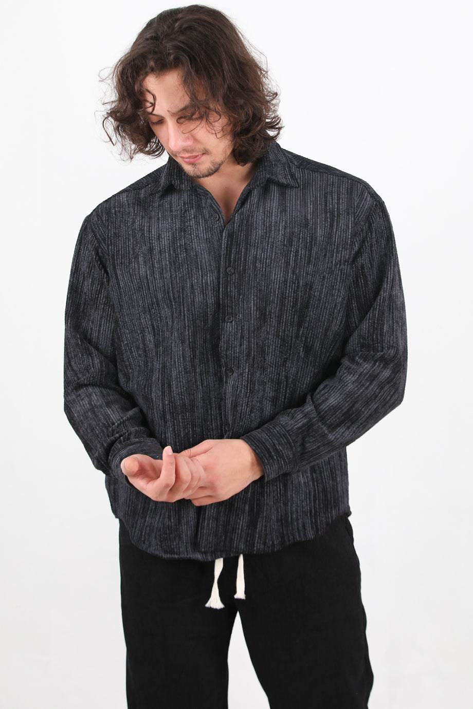 Velour Erkek Kadife Gömlek Siyah